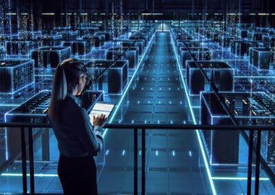 Successful Female Data Center IT Specialist Using Tablet Compute