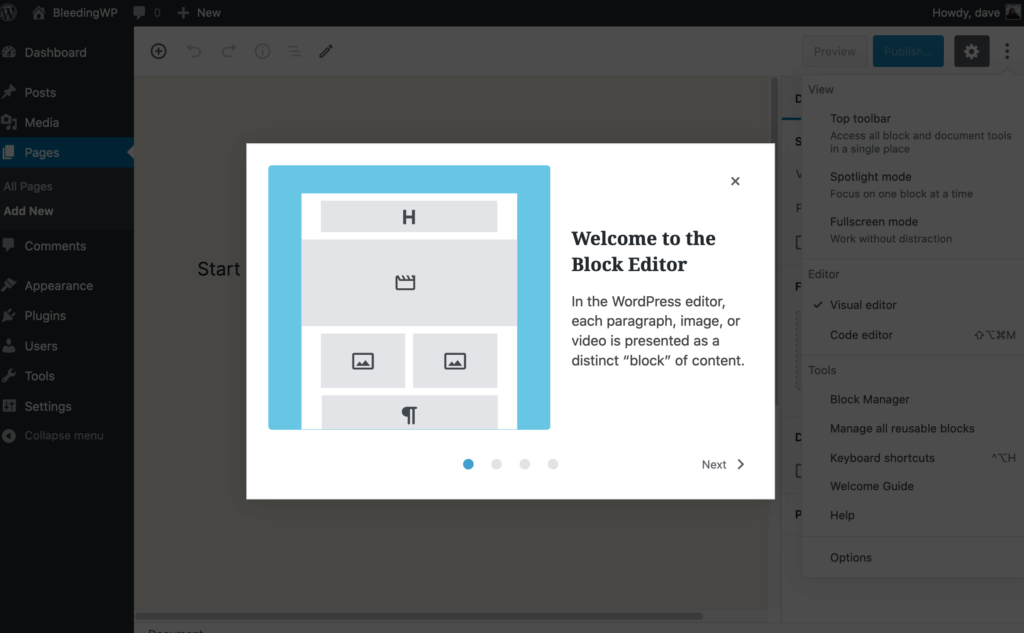 A screenshot of the new feature Welcome Guide Modal introduced in WordPress 5.4